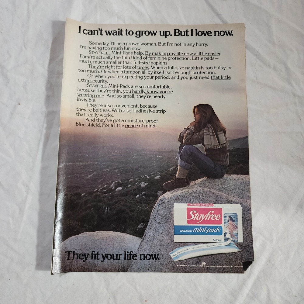 Vintage Print Ad Stayfree mini-pads girl model mountain 1977 clipping 8x10